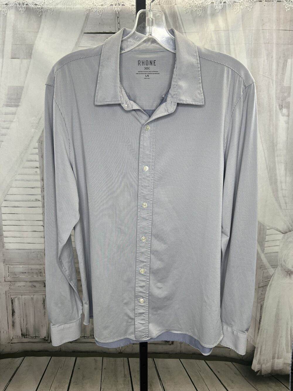 Rhône Men’s Striped Gray Commuter Shirt Size Large Stretch Soft Style #100268